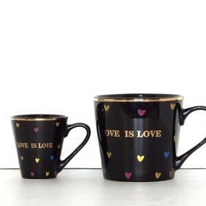 Love is Love Black Coffee Mug Set with Heart Pattern Gold Trim Morris Nation